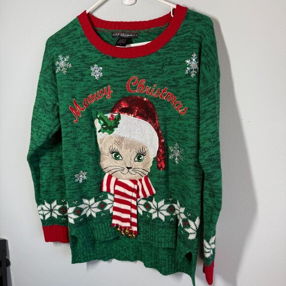 Womens Kitty Cat Ugly Christmas Sweater Small Sequins Bells Snowflakes Crewneck - Picture 1 of 7